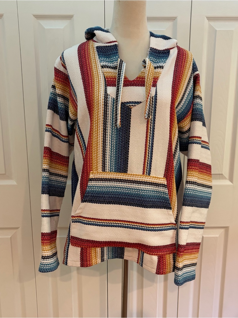 Sendra Striped V-Neck Hooded Pullover in Cream, Blue, Red, Yellow